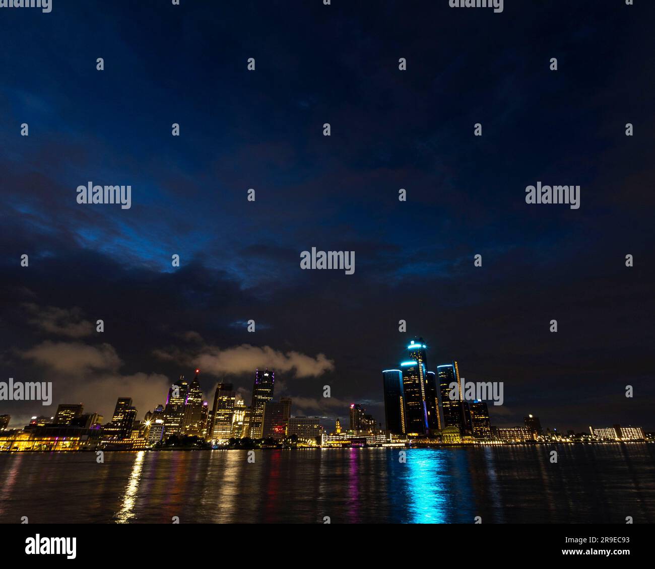 (Windsor, Canada---23 June 2023) Detroit skyline viewed from the Windsor, Ontario riverfront. Stock Photo