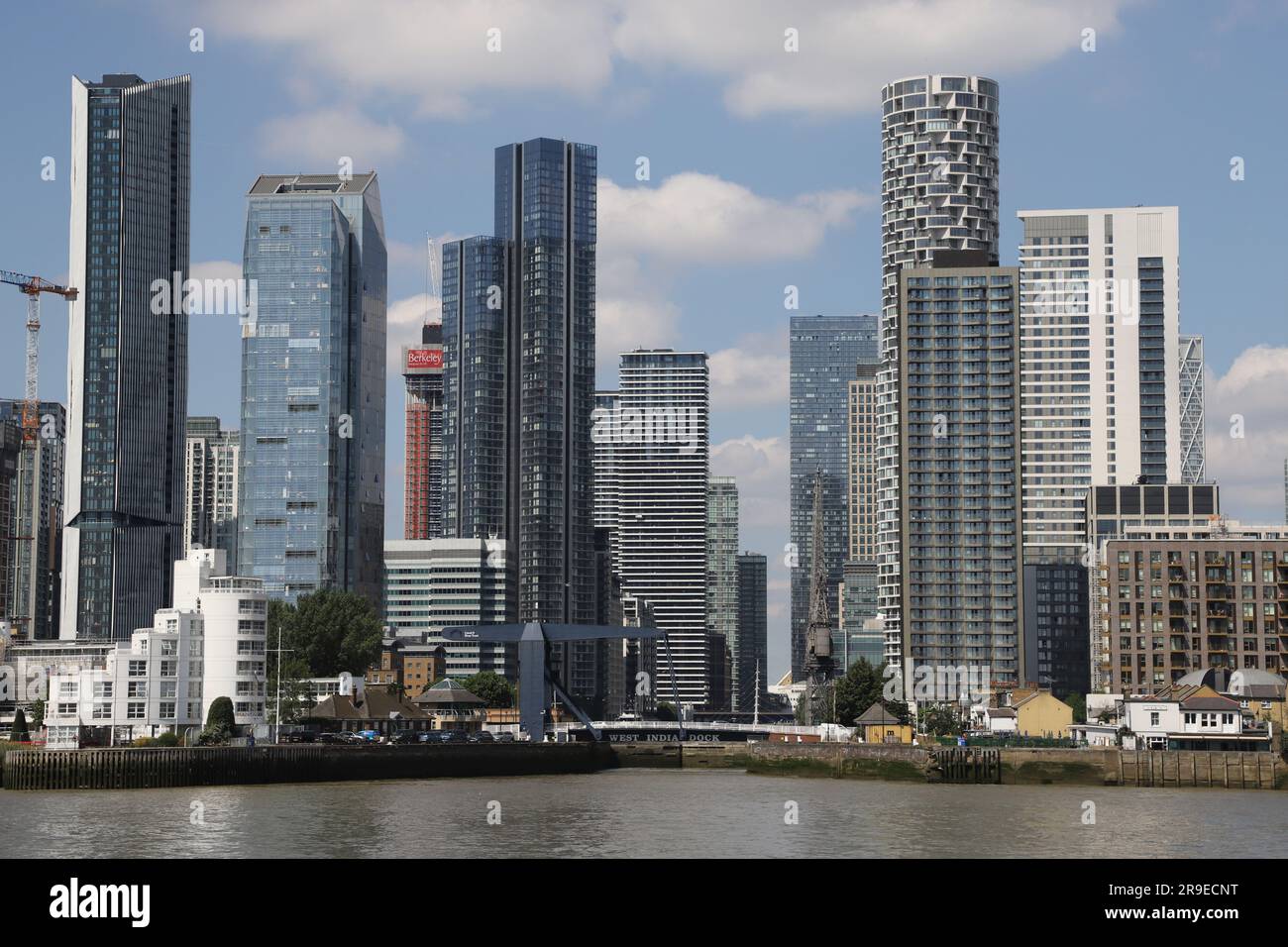 East facing skyline of London Docklands including The Madison, South Quay Plaza and One Park Drive London UK July 2022 Stock Photo