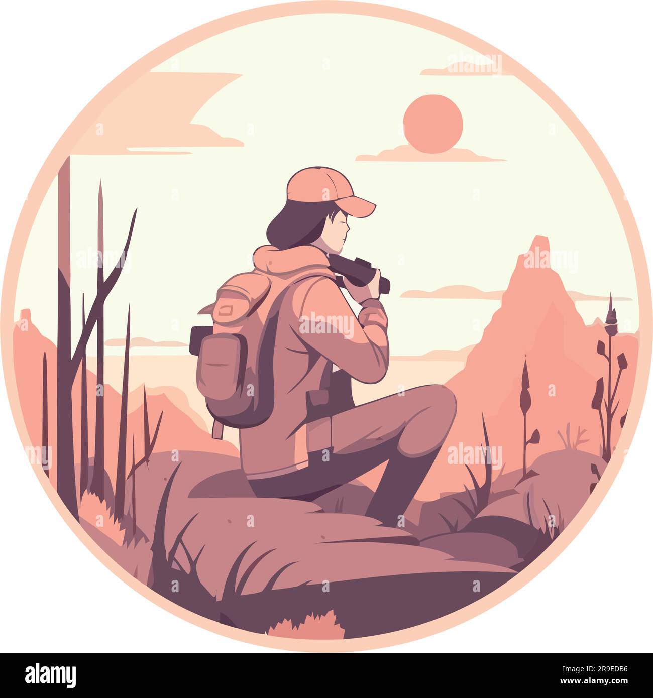 man sitting admiring mountain landscape over white Stock Vector Image