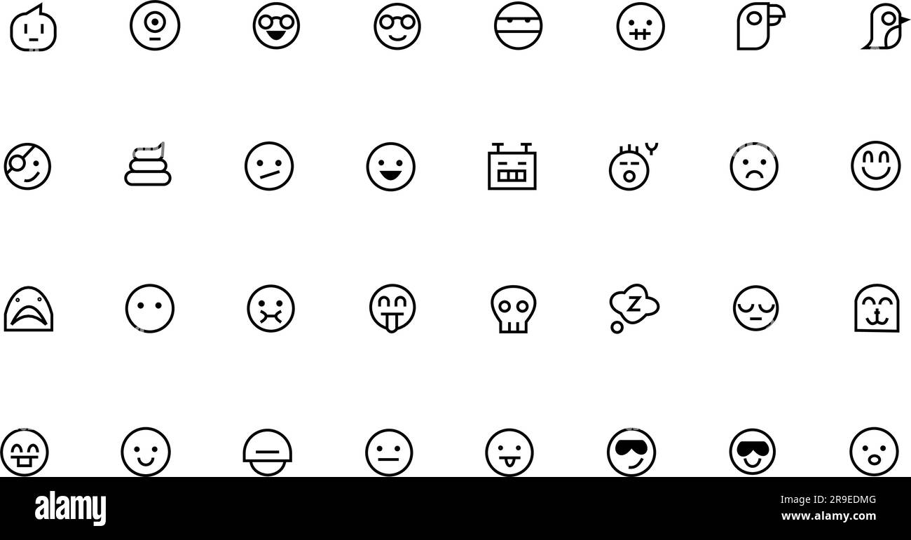 Emojis in outline. Emoji faces with different emotions, vector icons set Stock Vector