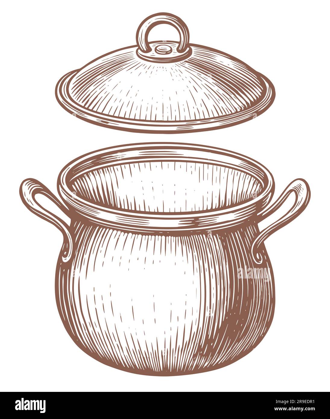 Saucepan with open lid. Kitchen pot. Hand drawn sketch vector illustration in vintage engraving style Stock Vector