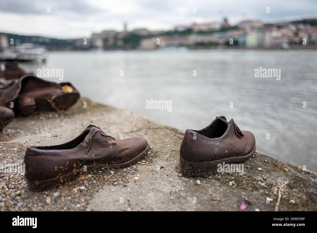 Iron shoes on the bank of the Danube River in Budapest, Hungary as a Holocaust memorial Stock Photo