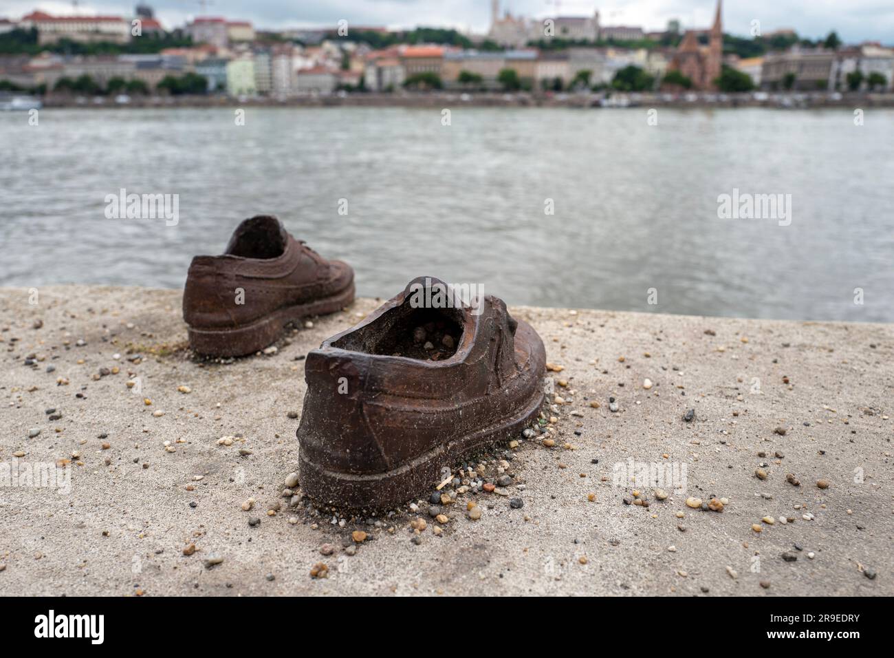 Iron shoes on the bank of the Danube River in Budapest, Hungary as a Holocaust memorial Stock Photo