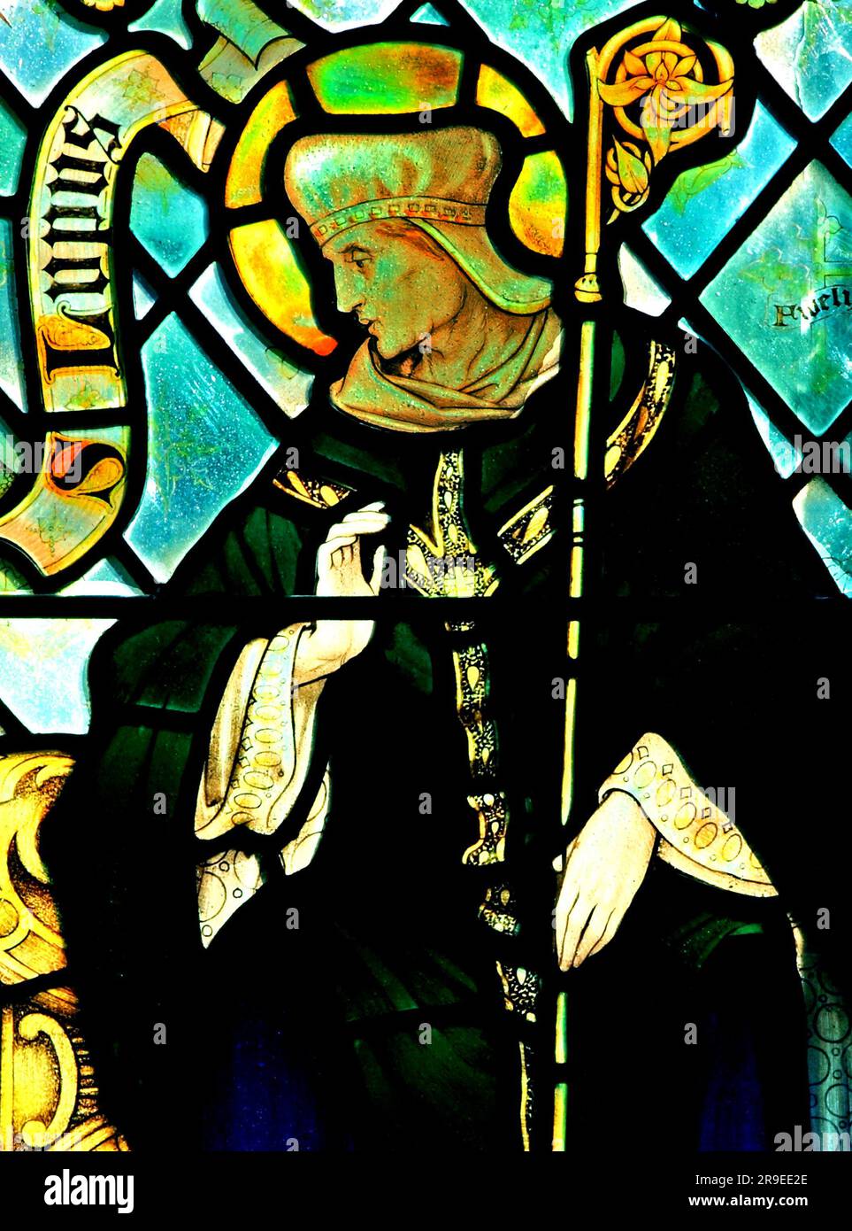 St Lupus, Gallic Missionary, stained glass window, by J Powell & Son, 1900, Blakeney, Norfolk, England Stock Photo