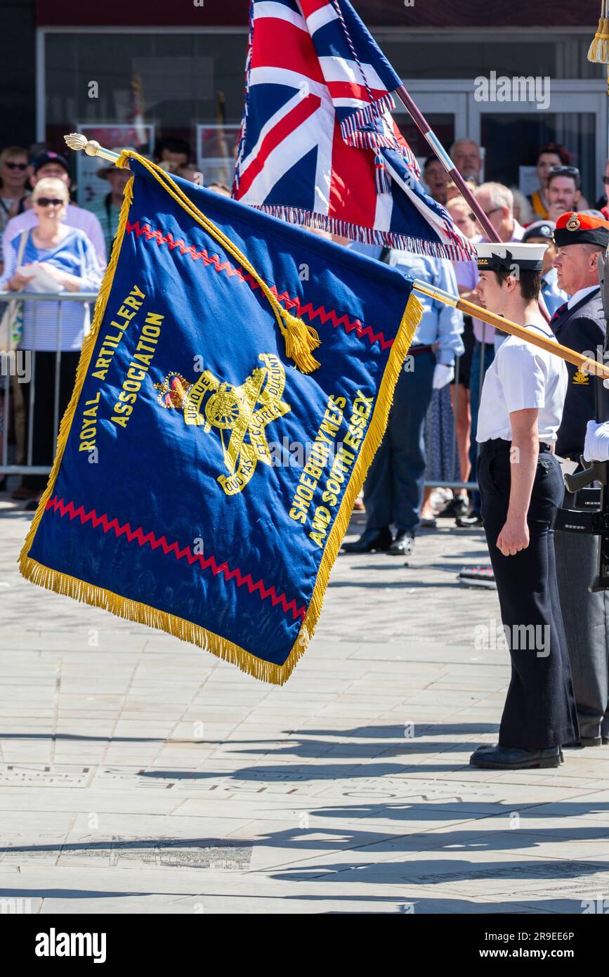 Royal Artillery Association Shoeburyness and South Essex flag at an Armed Forces Day event in the High Street, Southend on Sea, Essex, UK Stock Photo
