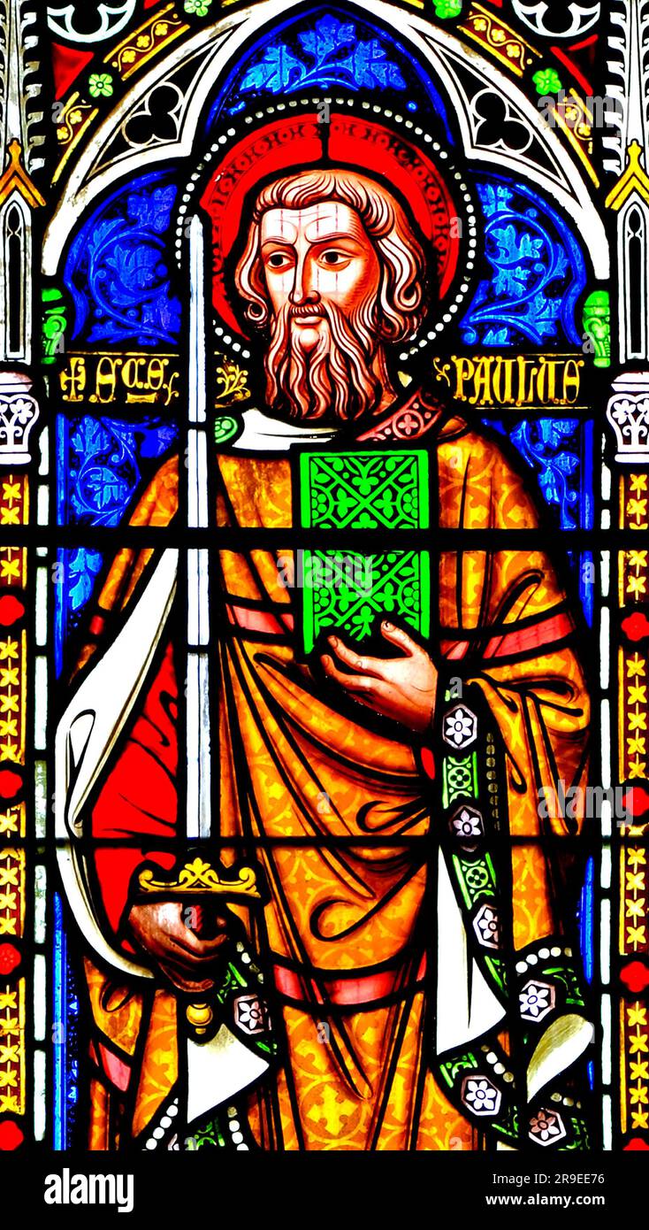 St. Paul, with sword, Stained glass window,  by William Wailes, 1853, Swaffham, Norfolk, England, UK Stock Photo