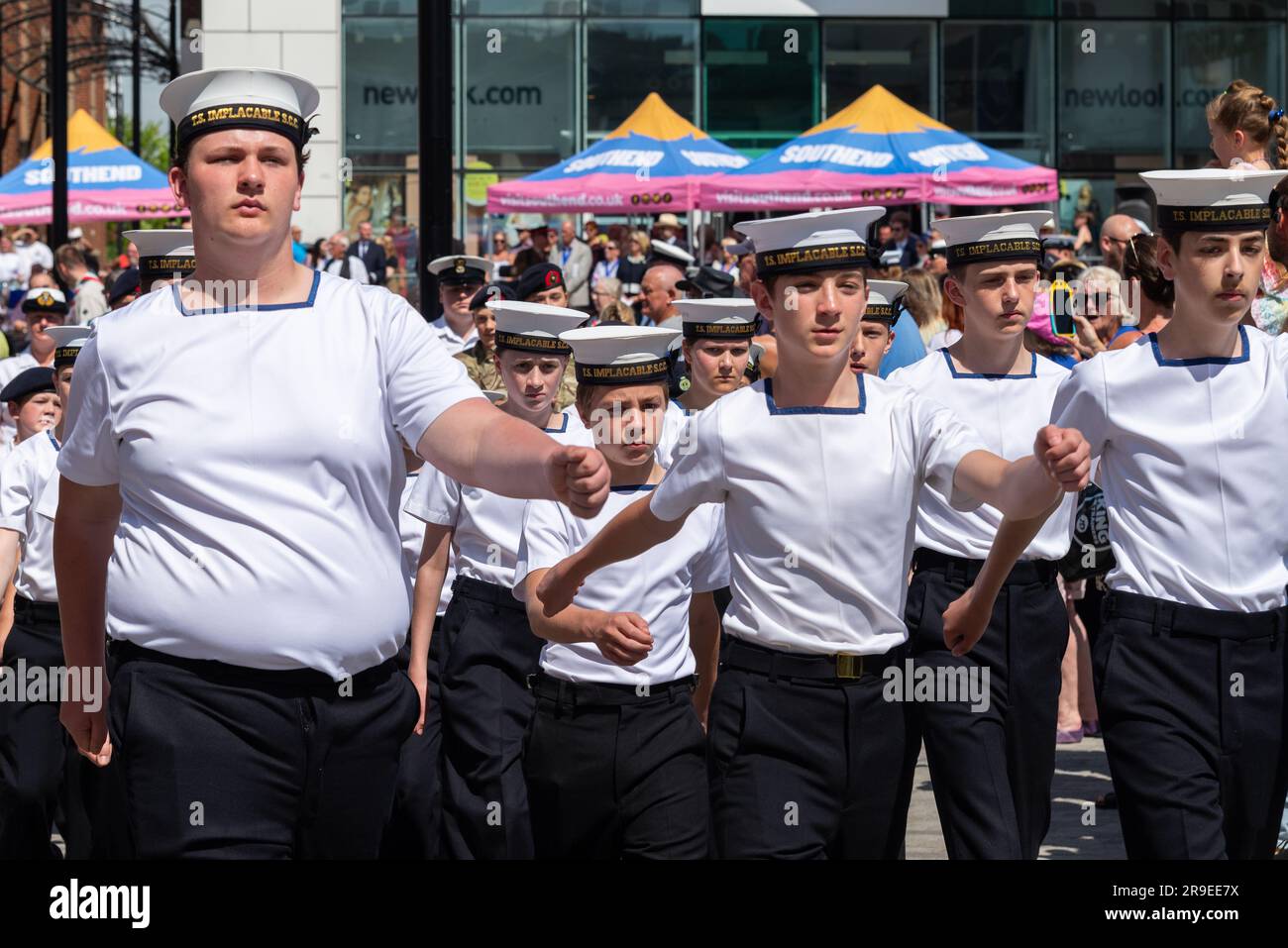 TS Implacable sea cadets at an Armed Forces Day event in the High Street, Southend on Sea, Essex, UK. Marching Stock Photo