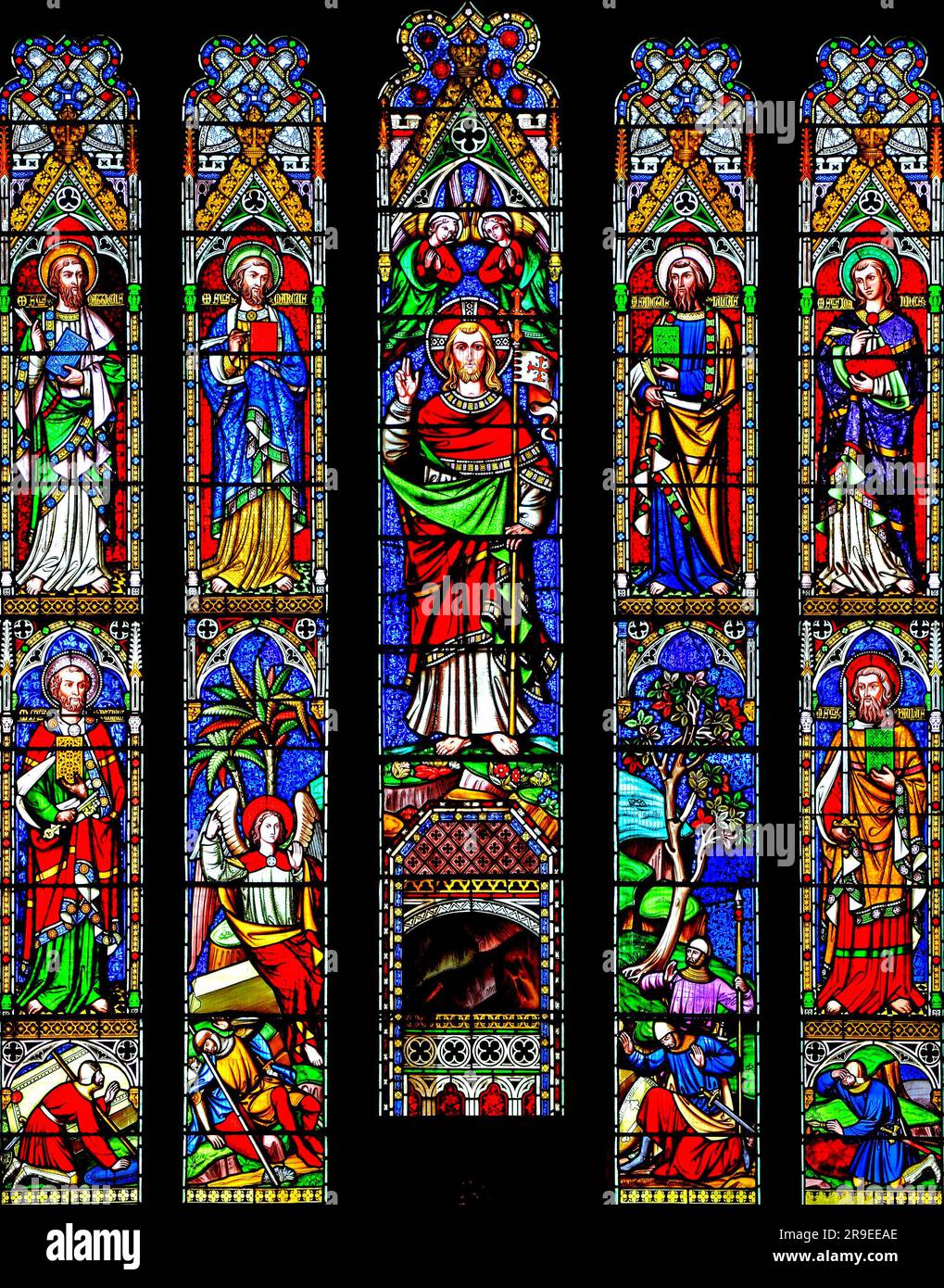 The Resurrection of Jesus Christ, St. Matthew, St. Mark, St. Luke, St. John, St. Peter, St. Paul, stained glass window by William Wailes, 1853 Stock Photo