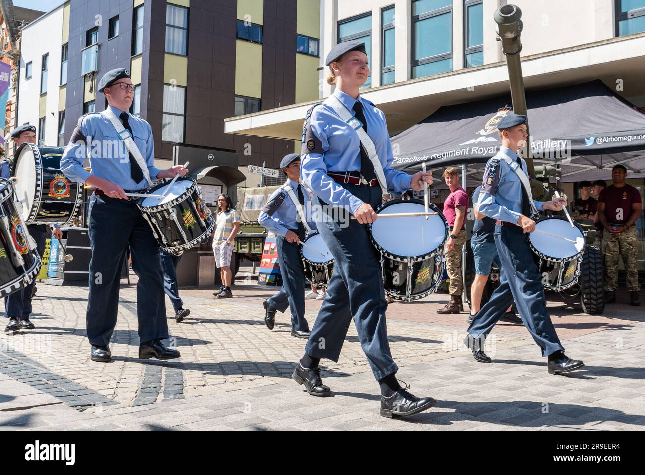 Young drummers of 1312 City of Southend on Sea Squadron Air Cadets band at an Armed Forces Day event in the High Street, Southend on Sea, Essex, UK Stock Photo