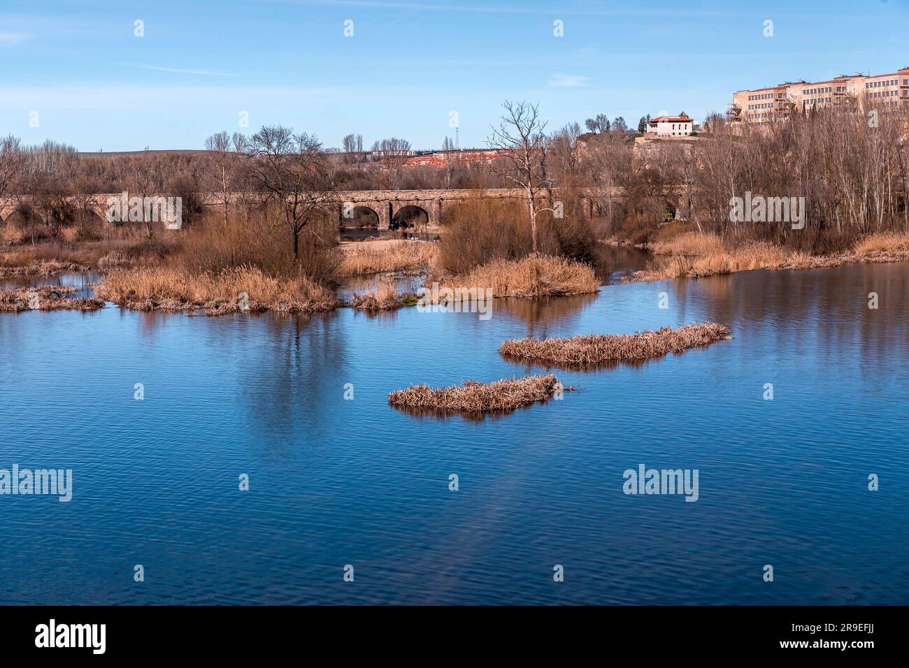 Scenic view of Tormes River in Salamanca, Castile and Leon, Spain. Stock Photo
