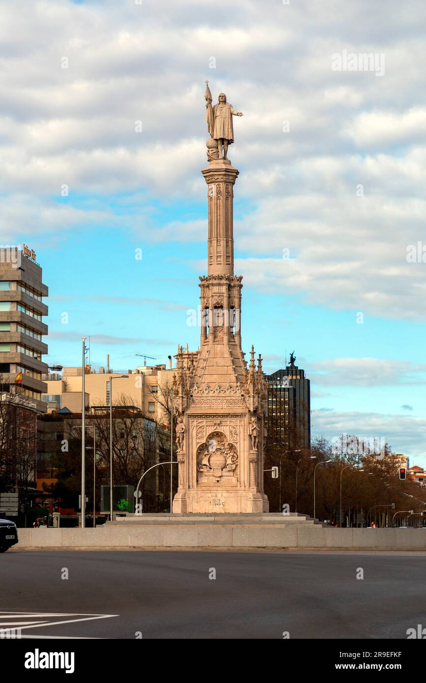 Madrid, Spain - FEB 19, 2022: Plaza de Colon, Columbus Square, is located in the encounter of Chamberi, Centro and Salamanca districts of Madrid, Spai Stock Photo