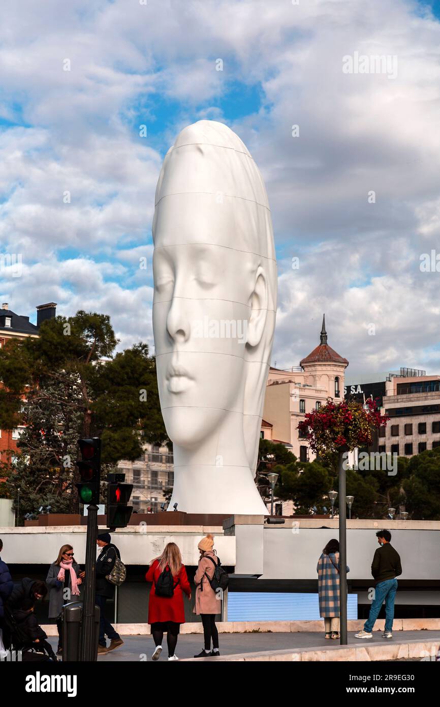 Madrid, Spain - FEB 19, 2022: Modern sculpture titled Julia by Jaume Plensa Sune located at the Plaza de Colon in Madrid, Spain. Stock Photo