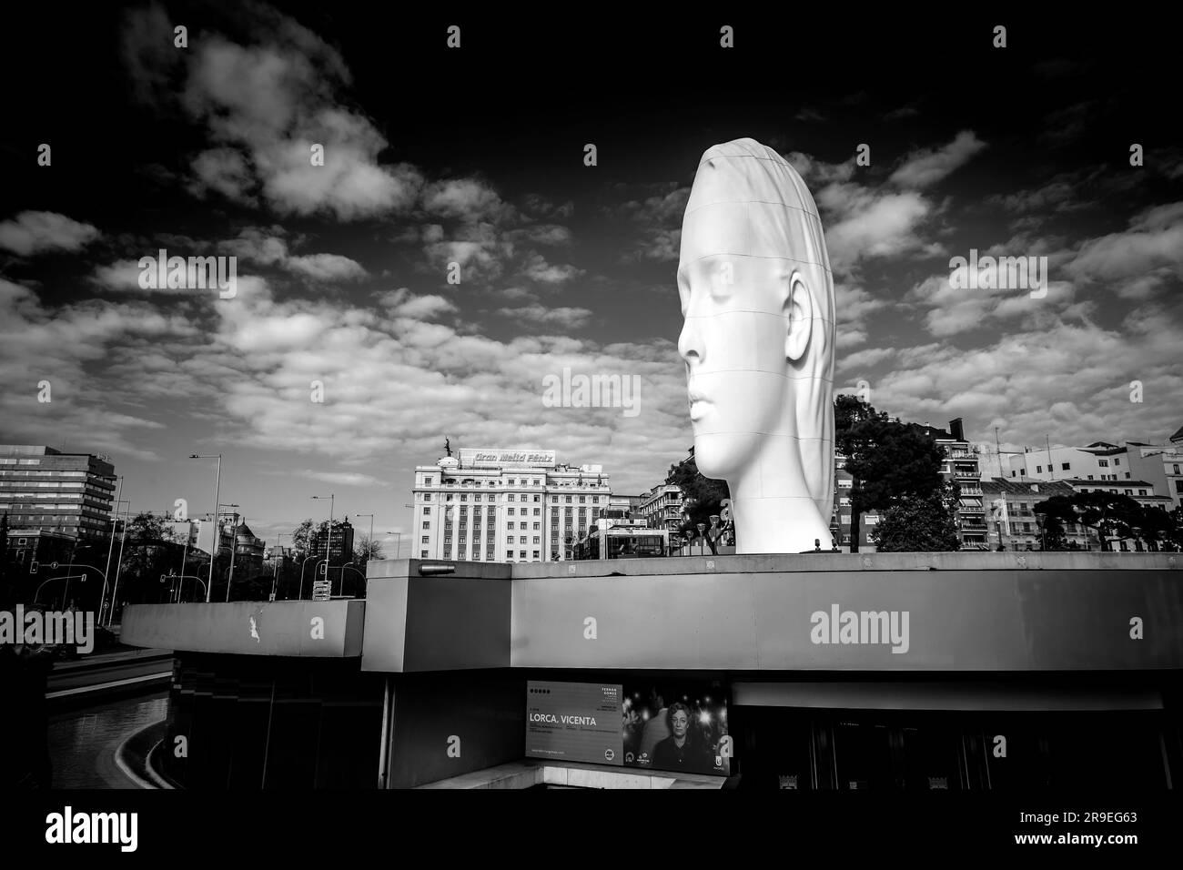 Madrid, Spain - FEB 19, 2022: Modern sculpture titled Julia by Jaume Plensa Sune located at the Plaza de Colon in Madrid, Spain. Stock Photo