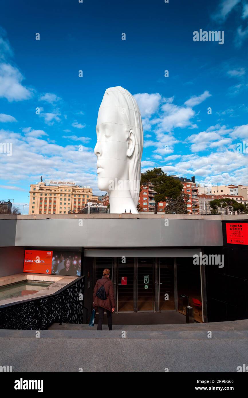 Madrid, Spain - FEB 19, 2022: Modern sculpture titled Julia by Jaume Plensa Sune located at the Plaza de Colon in Madrid, Spain. Stock Photo