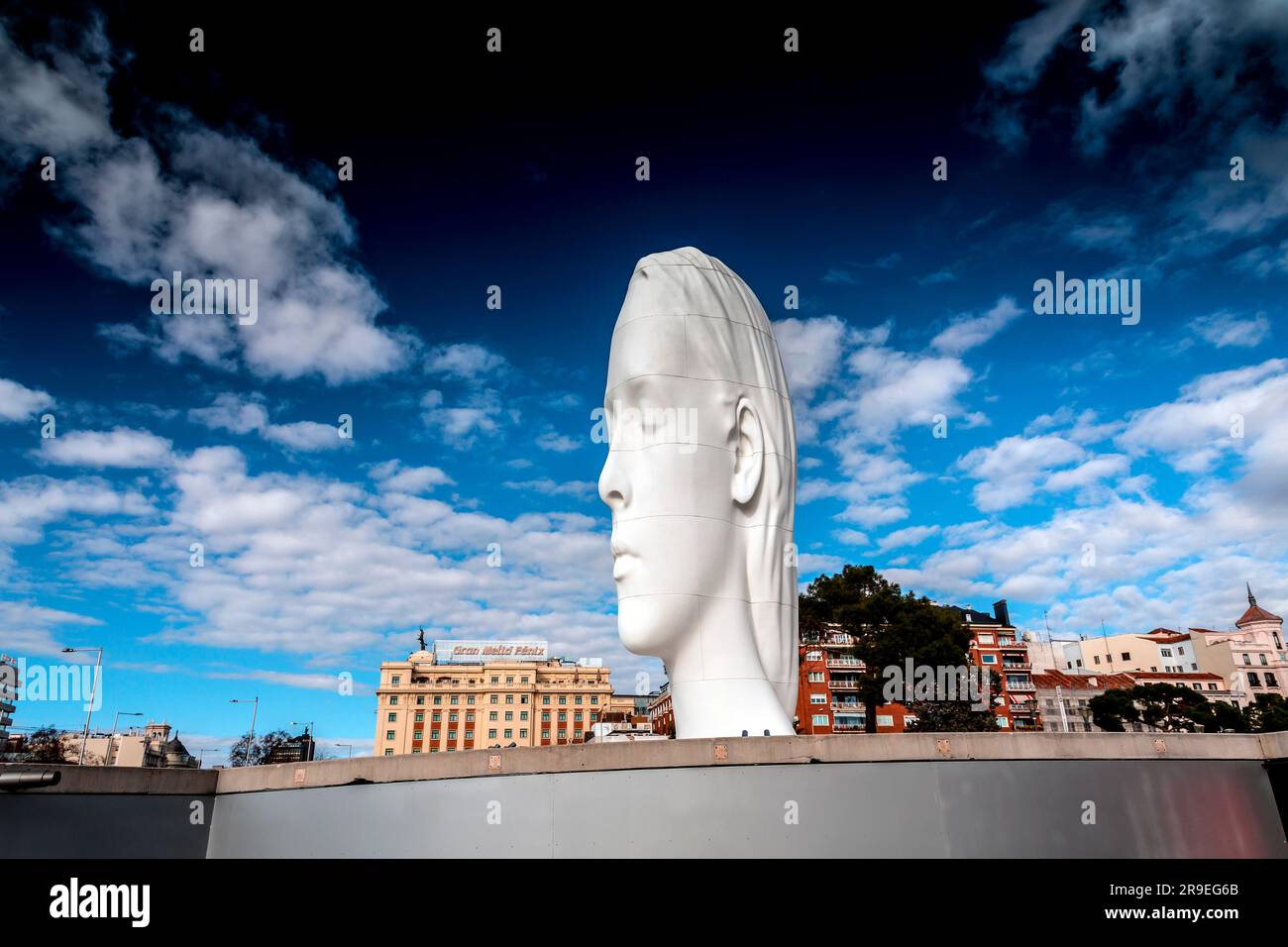 Madrid, Spain - FEB 19, 2022: Modern sculpture titled Julia by Jaume Plensa Sune located at the Plaza de Colon in Madrid, Spain. Stock Photo