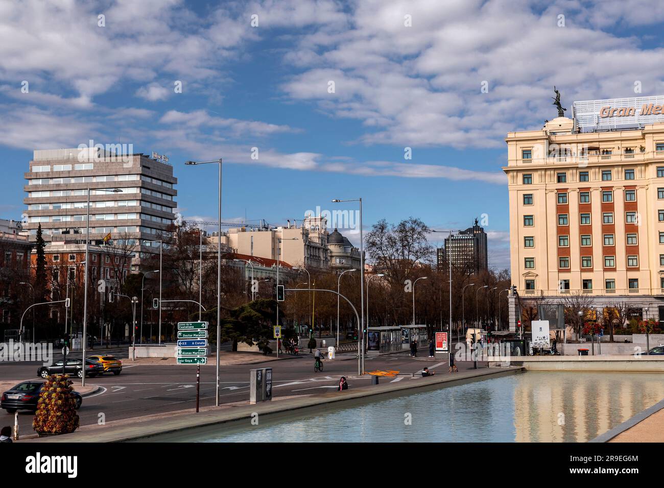Madrid, Spain - FEB 19, 2022: Plaza de Colon, Columbus Square, is located in the encounter of Chamberi, Centro and Salamanca districts of Madrid, Spai Stock Photo