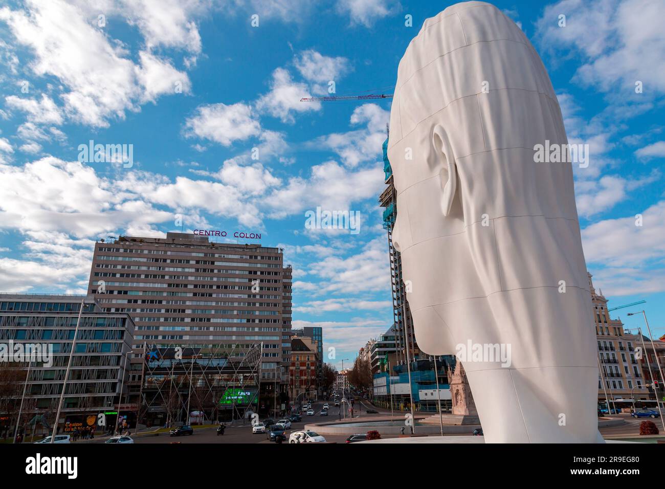 Madrid, Spain - FEB 19, 2022: Modern sculpture titled Julia by Jaume Plensa Sune located at the Plaza de Colon in Madrid, Spain. Stock Photo