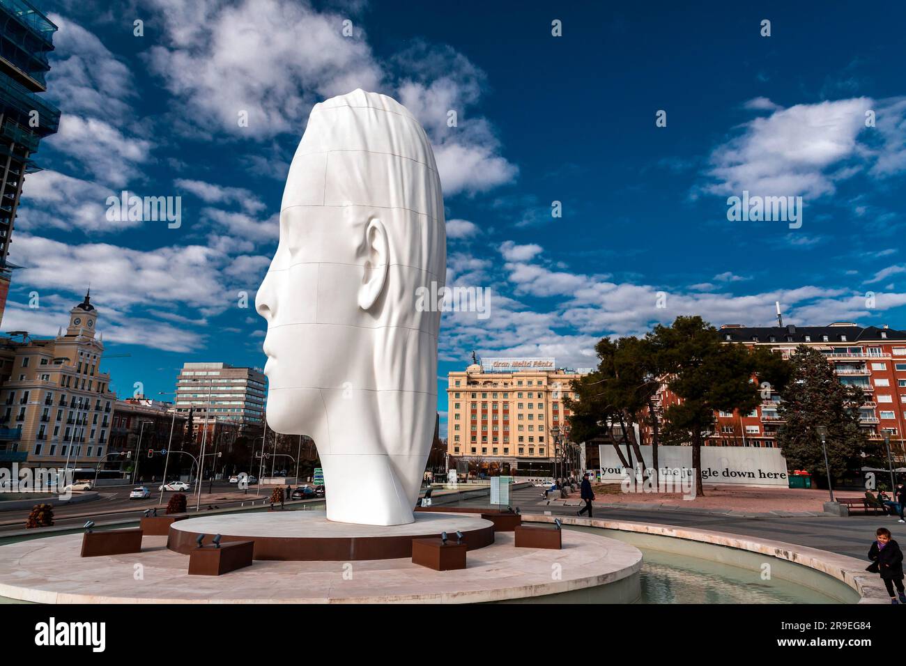 Madrid, Spain - FEB 19, 2022: Modern sculpture titled Julia by Jaume Plensa Sune located at the Plaza de Colon in Madrid, Spain. Stock Photo
