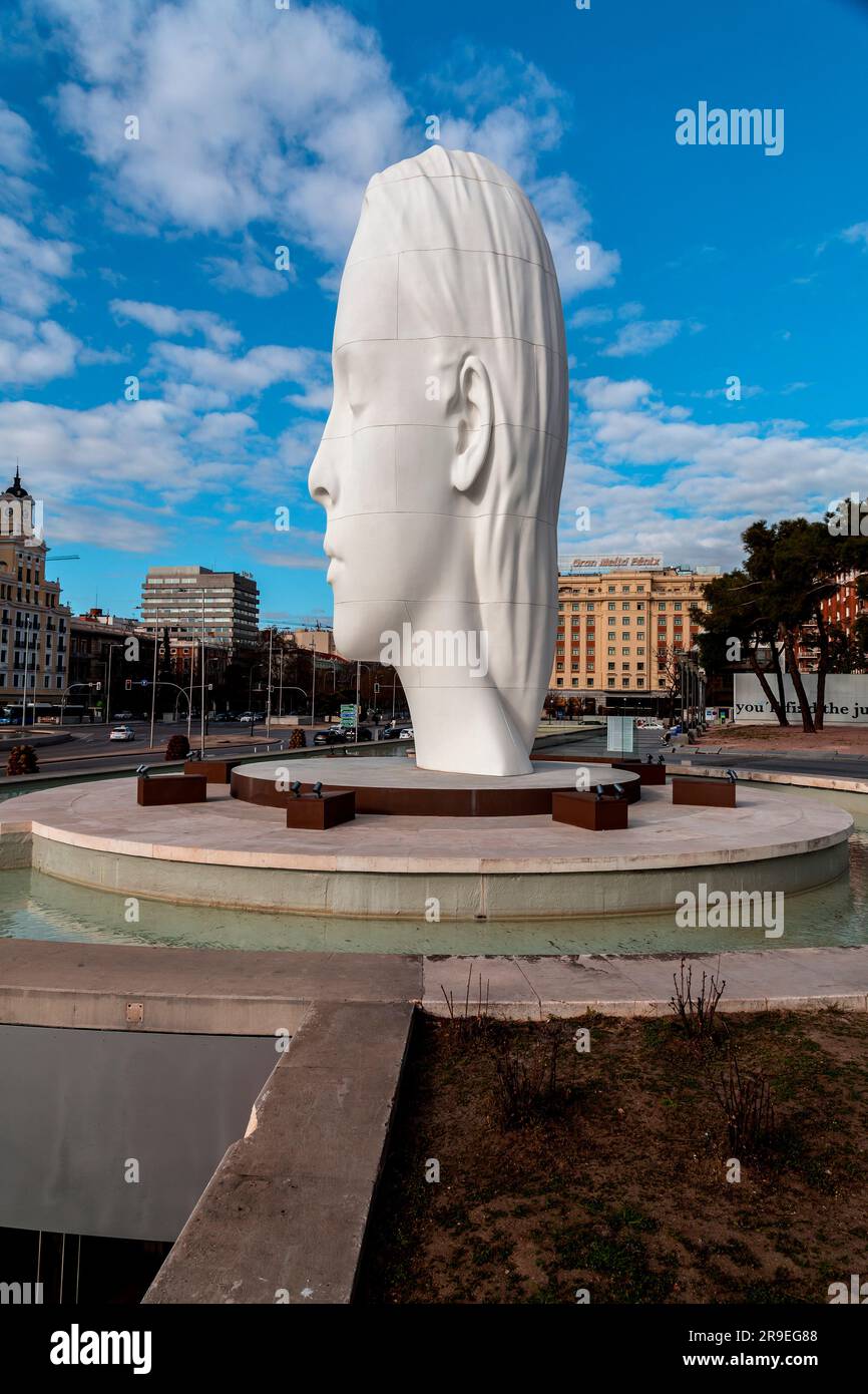 Madrid, Spain - FEB 19, 2022: Modern sculpture titled Julia by Jaume Plensa Sune located at the Plaza de Colon in Madrid, Spain. Stock Photo