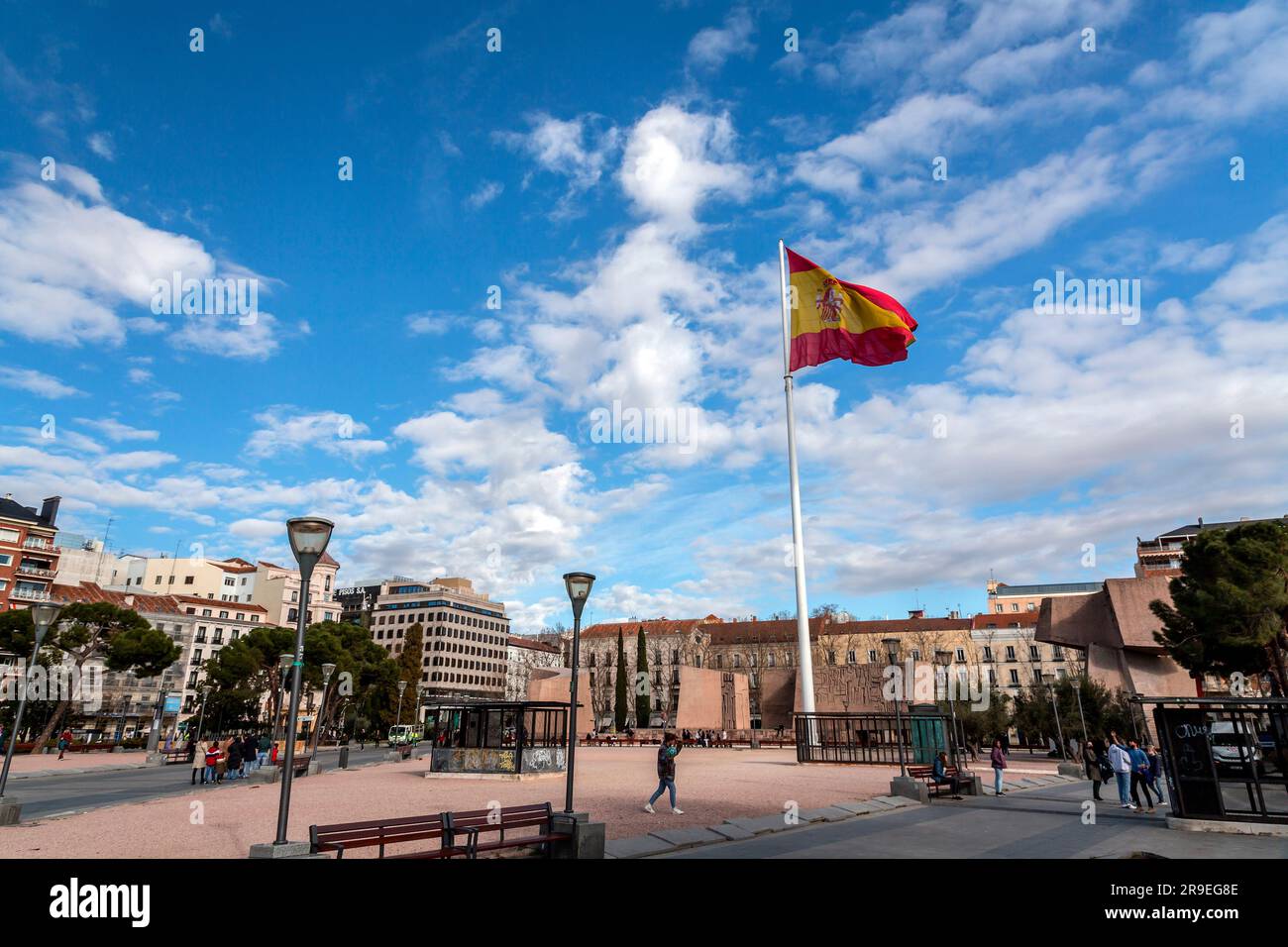 Madrid, Spain - FEB 19, 2022: Plaza de Colon, Columbus Square, is located in the encounter of Chamberi, Centro and Salamanca districts of Madrid, Spai Stock Photo