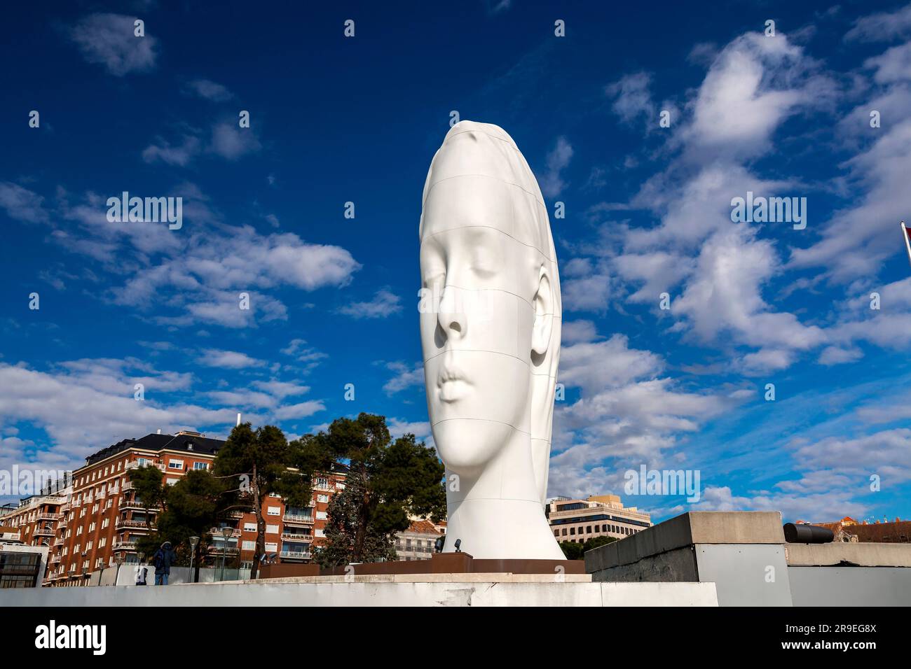 Madrid, Spain - FEB 19, 2022: Modern sculpture titled Julia by Jaume Plensa Sune located at the Plaza de Colon in Madrid, Spain. Stock Photo