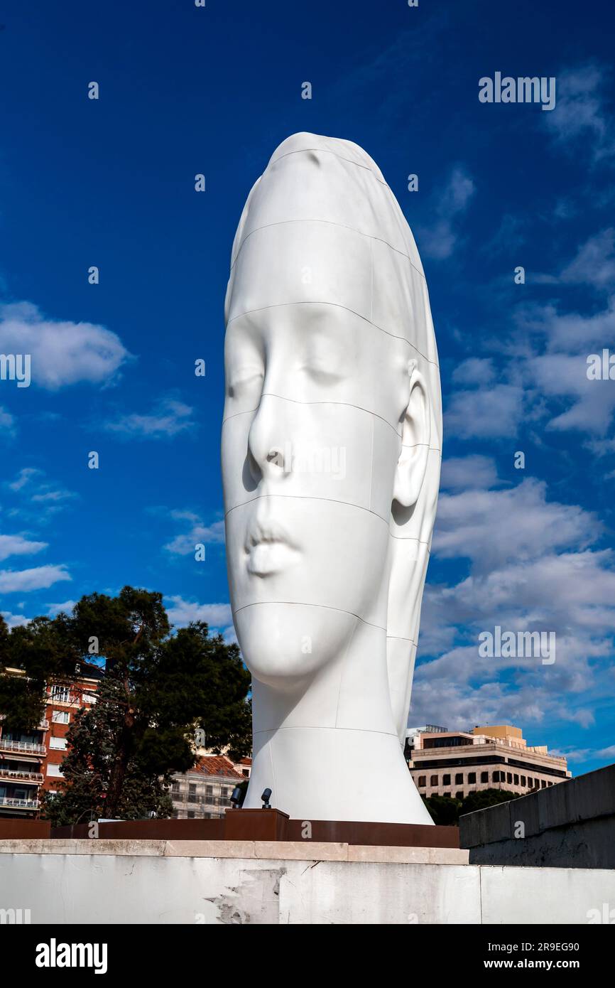 Madrid, Spain - FEB 19, 2022: Modern sculpture titled Julia by Jaume Plensa Sune located at the Plaza de Colon in Madrid, Spain. Stock Photo