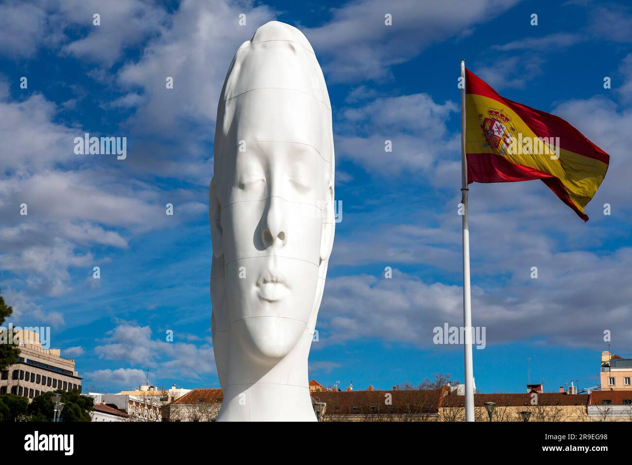 Madrid, Spain - FEB 19, 2022: Modern sculpture titled Julia by Jaume Plensa Sune located at the Plaza de Colon in Madrid, Spain. Stock Photo