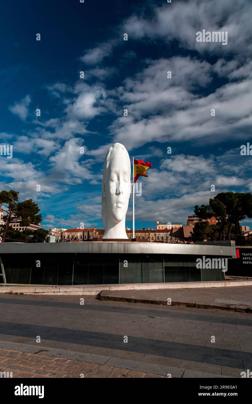Madrid, Spain - FEB 19, 2022: Modern sculpture titled Julia by Jaume Plensa Sune located at the Plaza de Colon in Madrid, Spain. Stock Photo