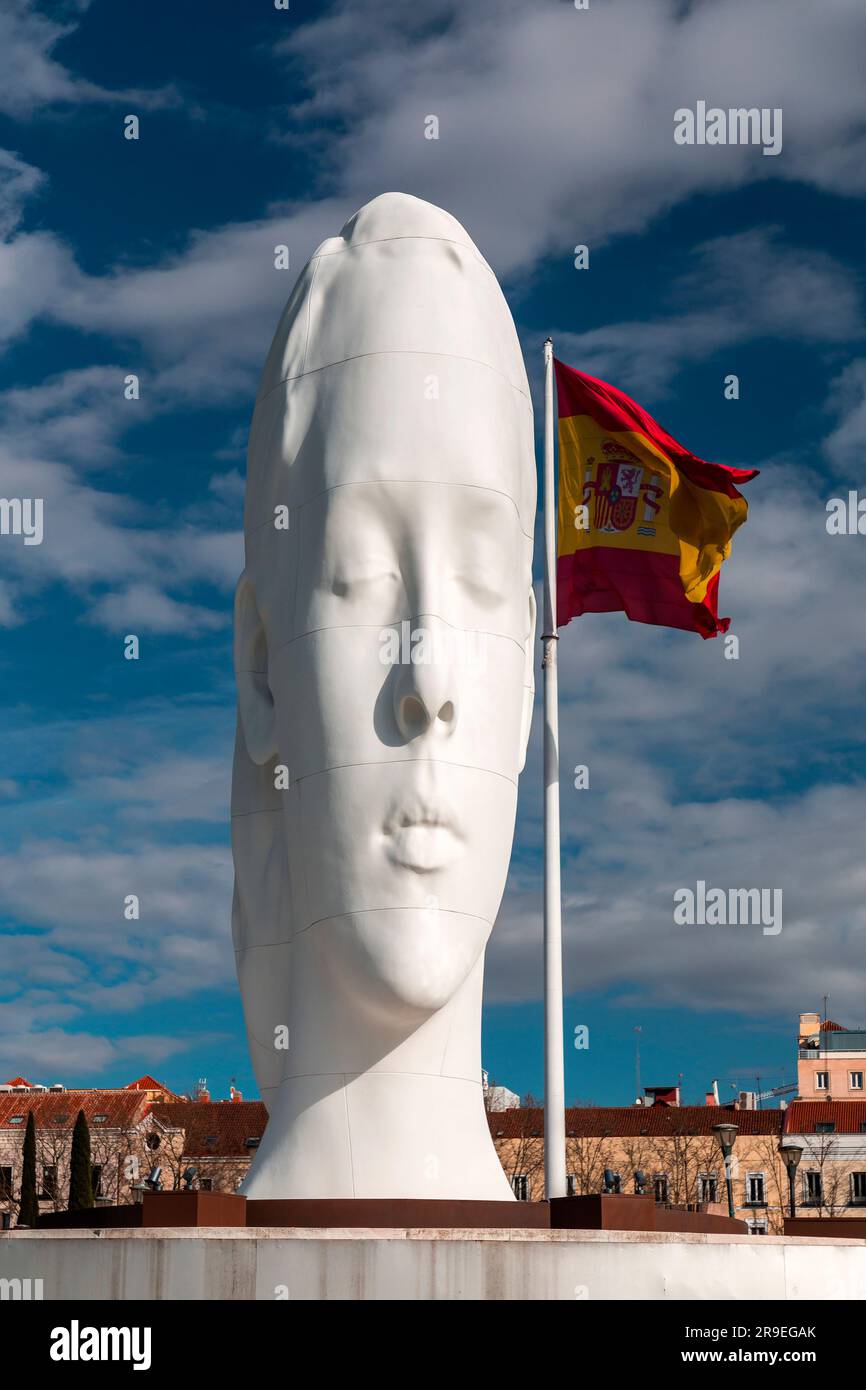 Madrid, Spain - FEB 19, 2022: Modern sculpture titled Julia by Jaume Plensa Sune located at the Plaza de Colon in Madrid, Spain. Stock Photo