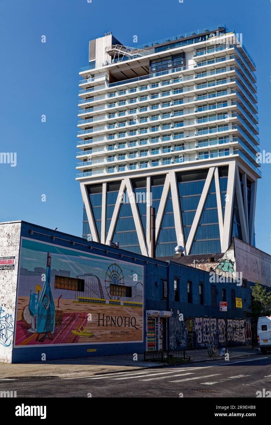 The William Vale hotel rises over trussenclosed office floors, which