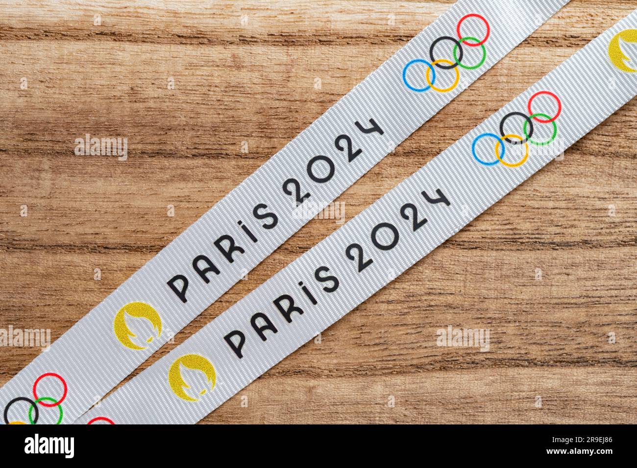 ZHONGSHAN China-June 21,2023:top view strap printed with Paris Olympic Games 2024 logo. Stock Photo