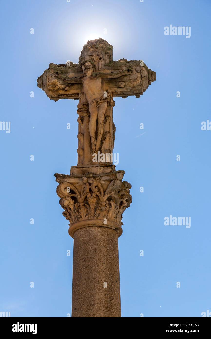 Jesus Christ on cross stone monument in Salamanca, Castile and Leon, Spain. Stock Photo