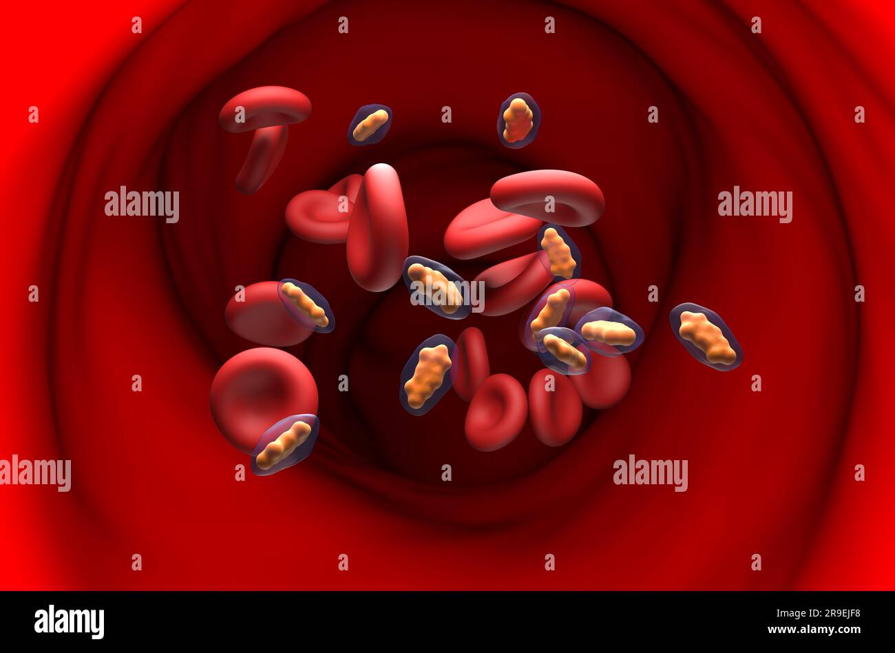 Ibuprofen molecules in the blood flow section view 3d illustration