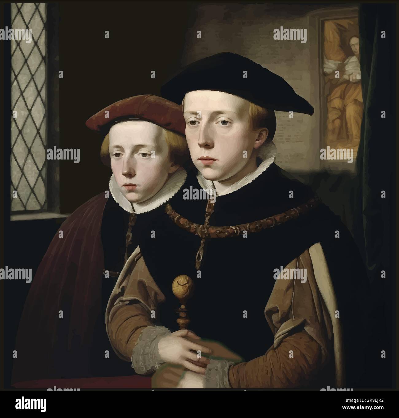 Vector portrait of Edward V and his younger brother, Richard of Shrewsbury, Duke of York (d. 1483). They were called the Princes in the Tower. Stock Vector