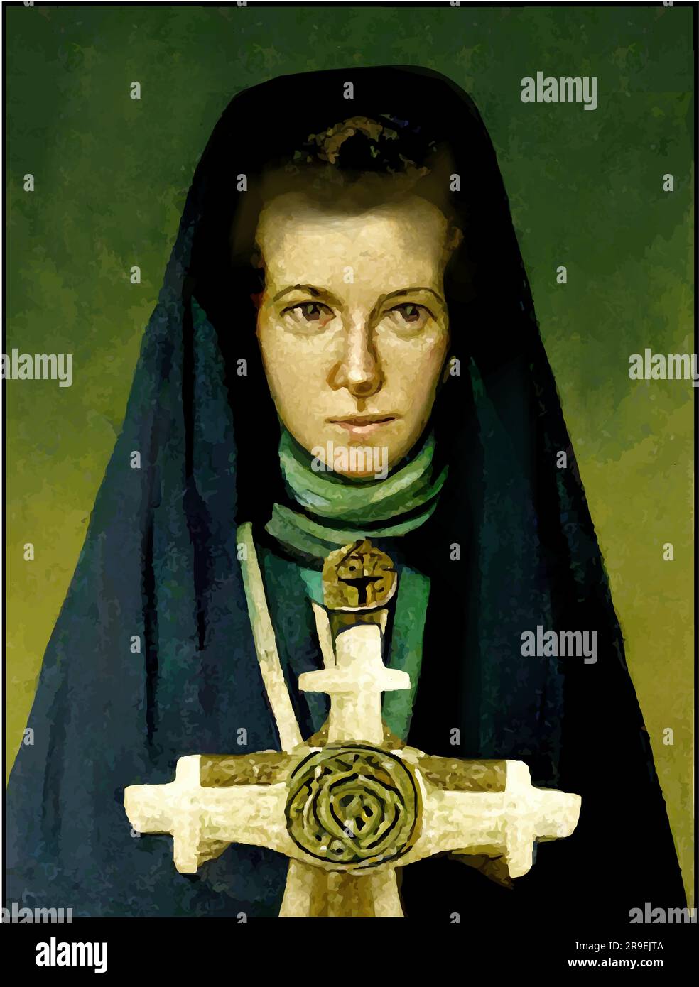 Saint Brigid of Kildare in blue habit with large white and gold cross. Stock Vector