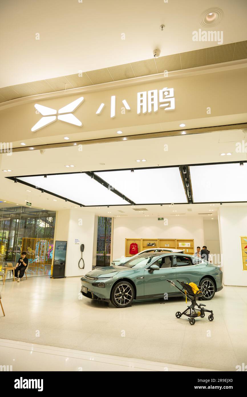 ZHONGSHAN GUANGDONG China-June 22 2023:Xiaopeng electric car shop in a shopping mall. Stock Photo