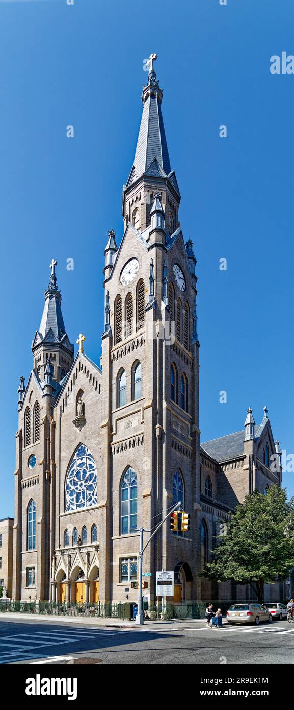 Brick-and-stone St. Stanislaus Kostka Church in Greenpoint is Brooklyn’s largest Polish Roman Catholic church, built in 1904 in Gothic Revival style. Stock Photo