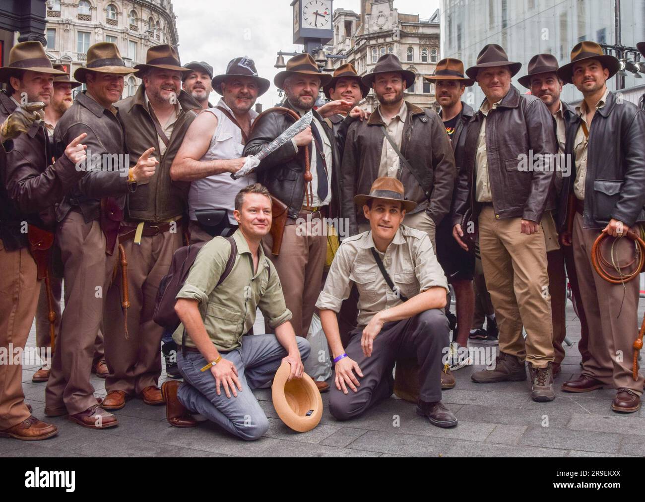 London, UK. 26th June 2023. Indiana Jones fans dressed as their hero pose for a photo ahead of the premiere of Indiana Jones and the Dial of Destiny in Leicester Square. Credit: Vuk Valcic/Alamy Live News Stock Photo