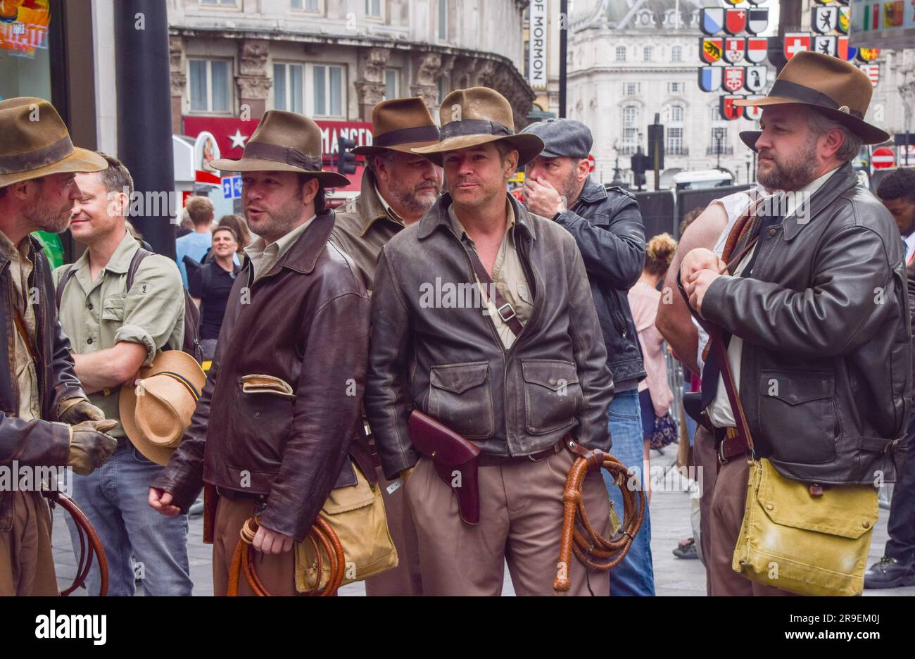 London, UK. 26th June 2023. Indiana Jones fans dressed as their hero gather ahead of the premiere of Indiana Jones and the Dial of Destiny in Leicester Square. Credit: Vuk Valcic/Alamy Live News Stock Photo