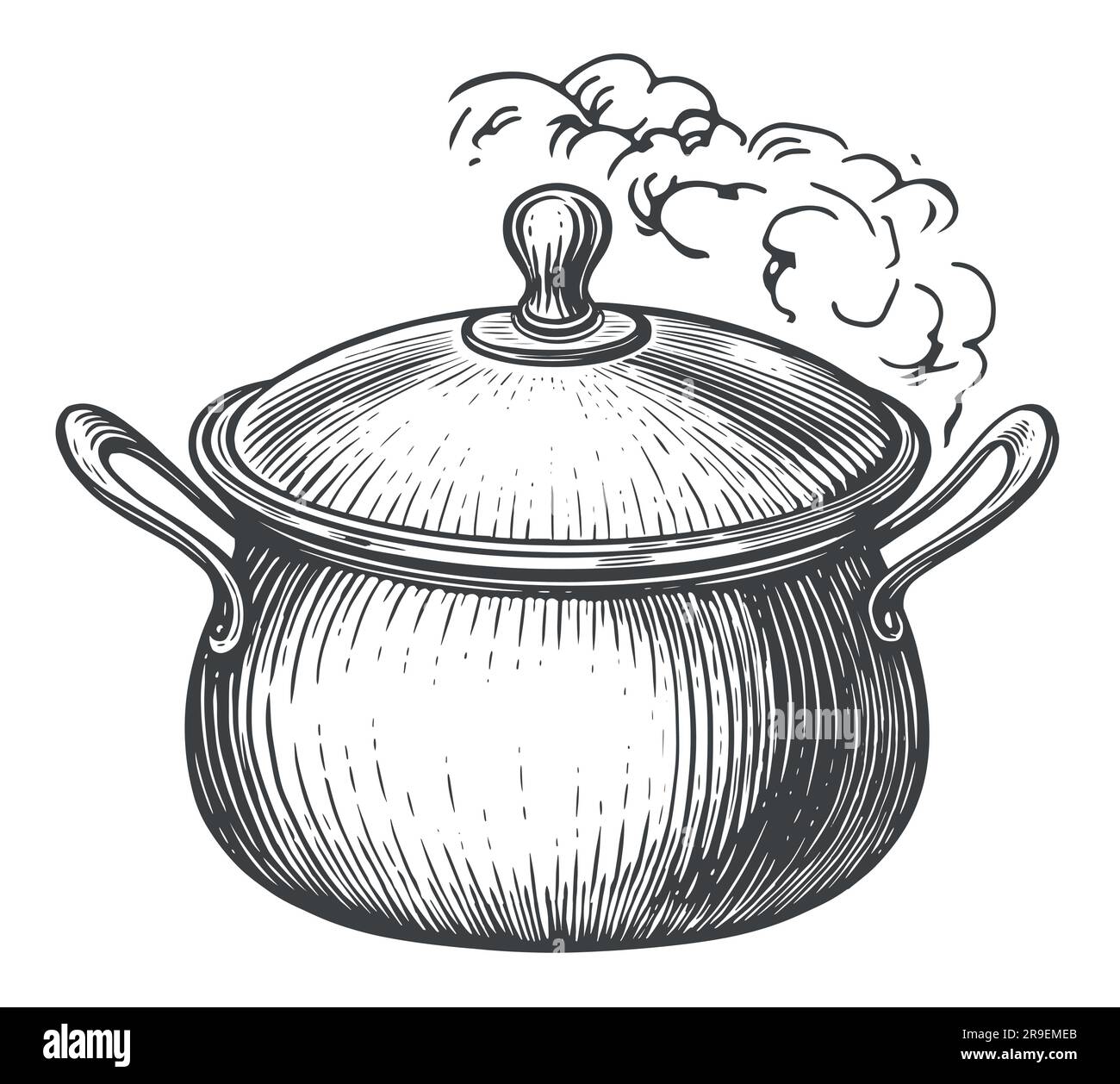 Pot is boiling, saucepan with lid. Cooking Pan and steam sketch. Vector illustration Stock Vector