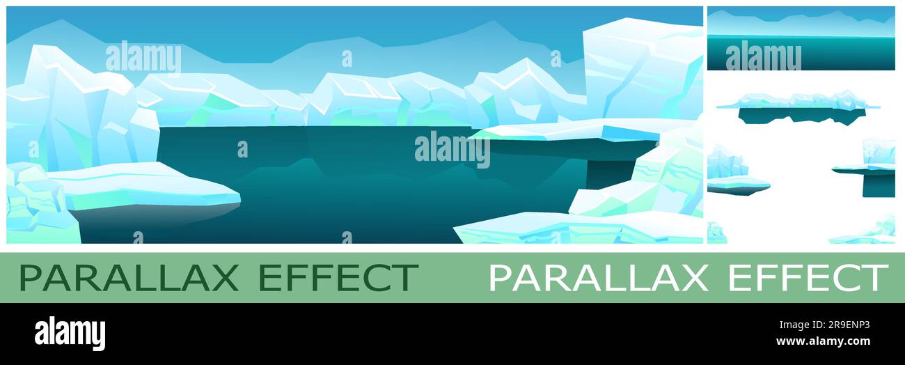 Arctic icebergs. Dark water and frost. set of slides create parallax image layer. Cartoon style. Isolated on white background. Vector. Stock Vector