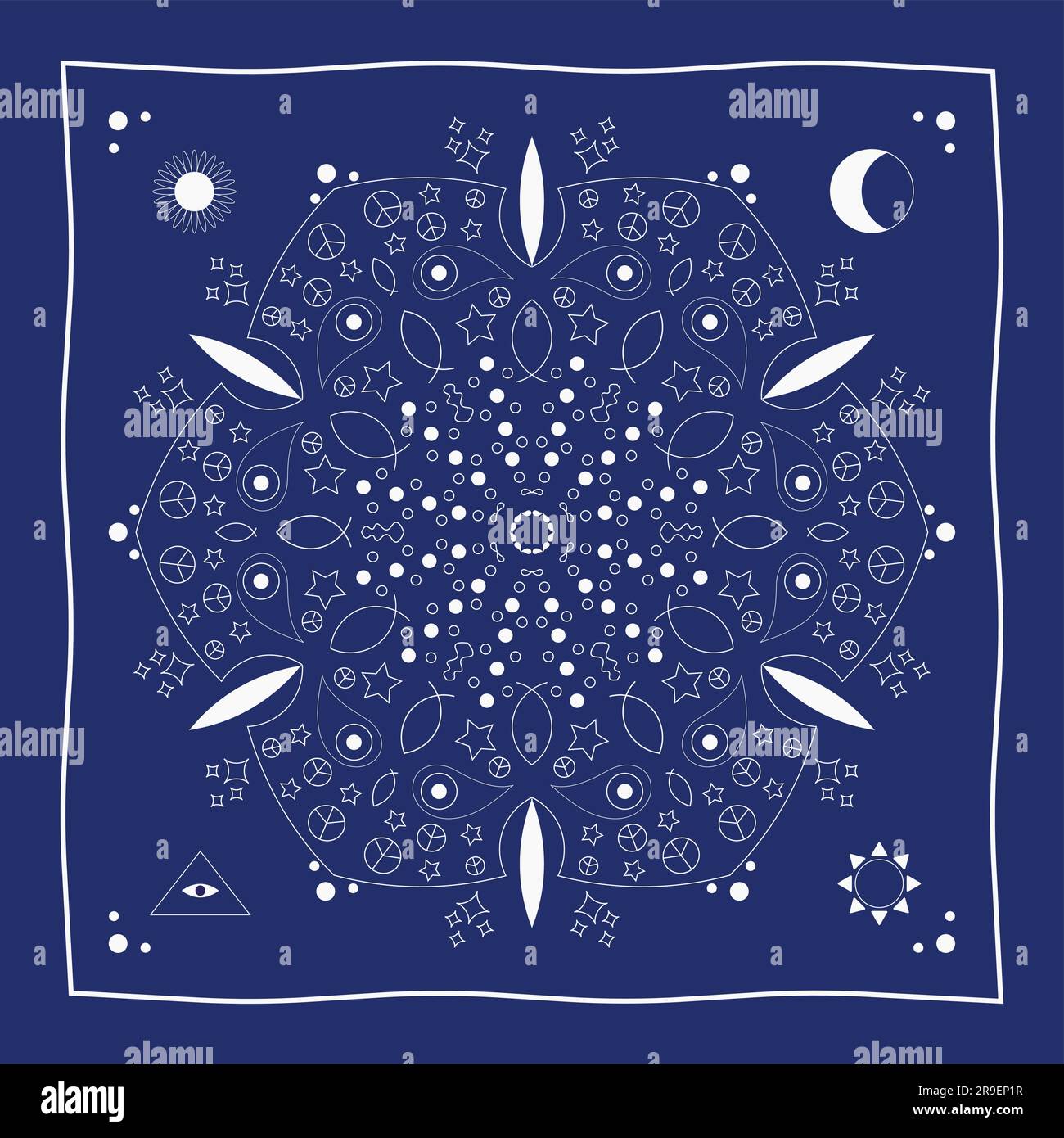 Bandana print Seamless pattern Mandala illustration White on blue Vector Stock Vector