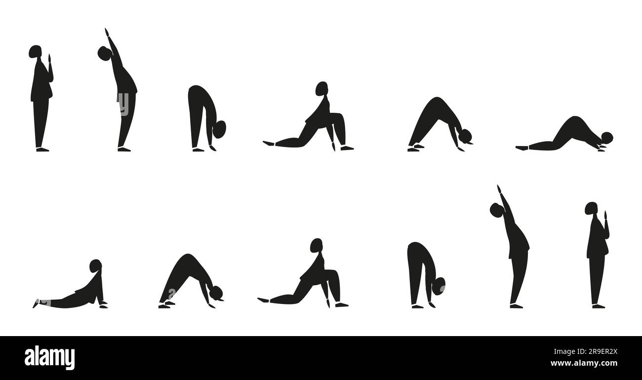 Salute to The Sun. People doing exercises. Set yoga poses. Black silhouette. Vector illustration. Isolated on white background Stock Vector
