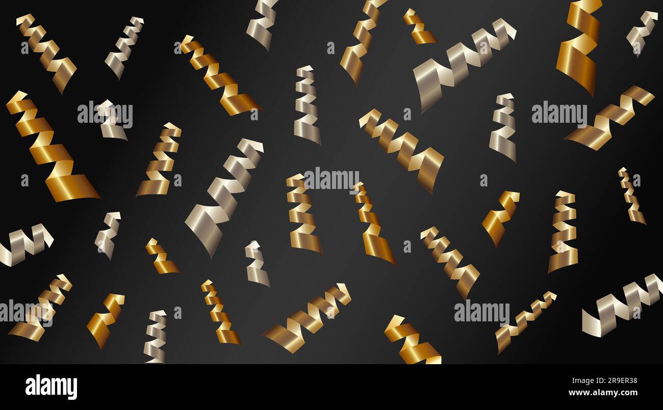 Falling bright shiny gold and silver serpentine on black background