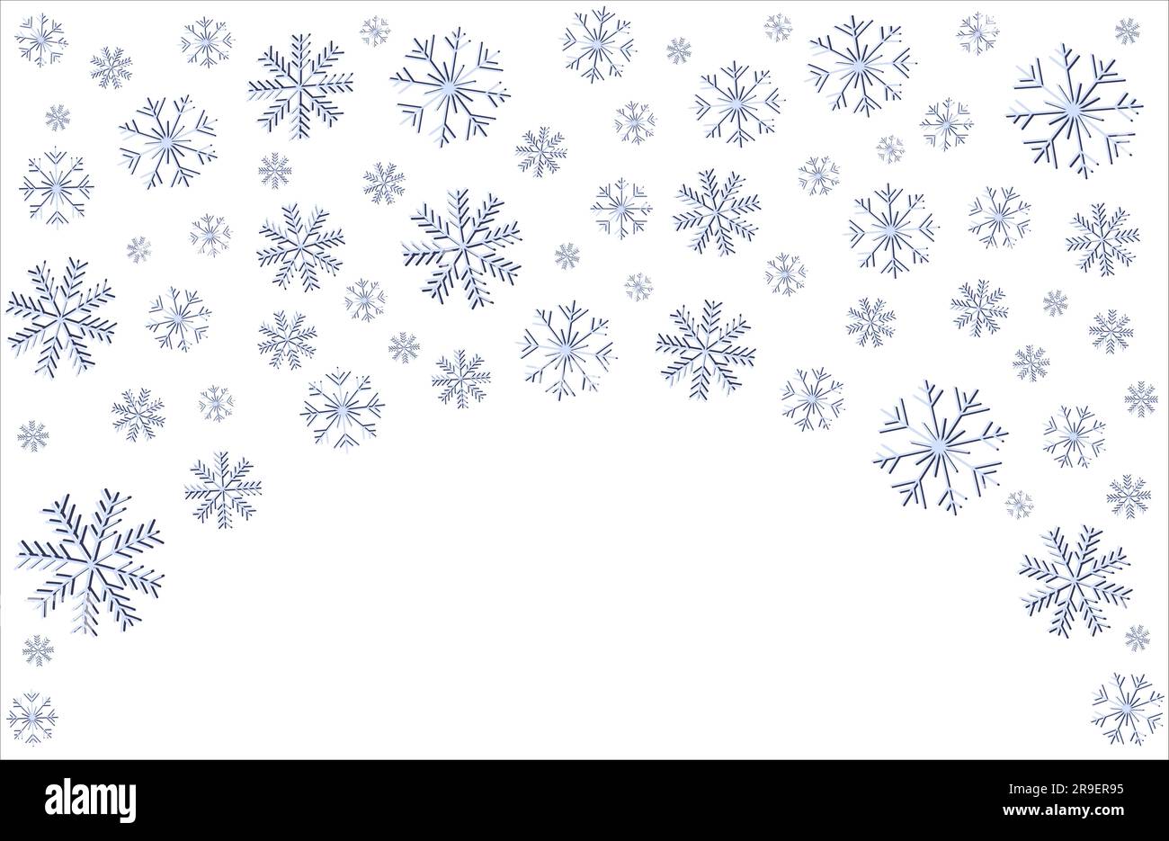 Snowflake arch Winter background template Different size snowflakes on white background Holiday vector illustration Isolated Horizontal design element Stock Vector