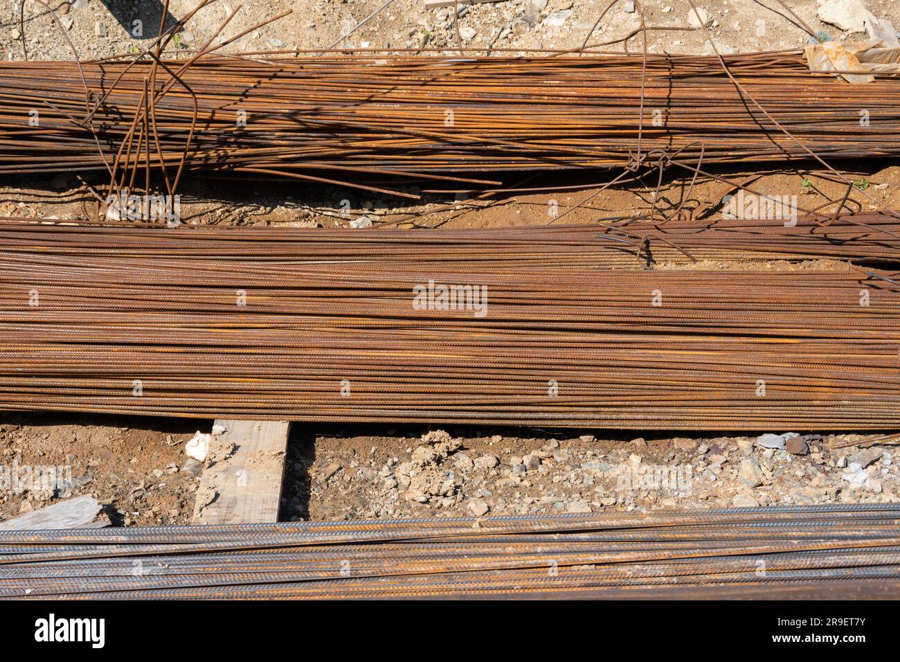 Steel reinforcement bars. Construction rebar steel work reinforcement. Industrial background. Rebar texture. Metal fittings for reinforced concrete. S Stock Photo