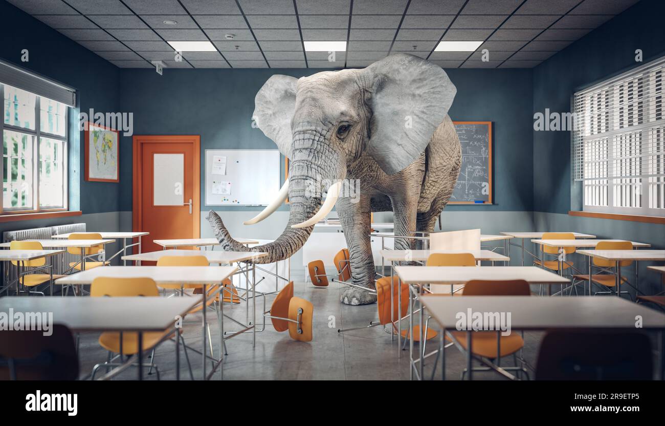 elephant inside a modern school classroom. 3d render Stock Photo