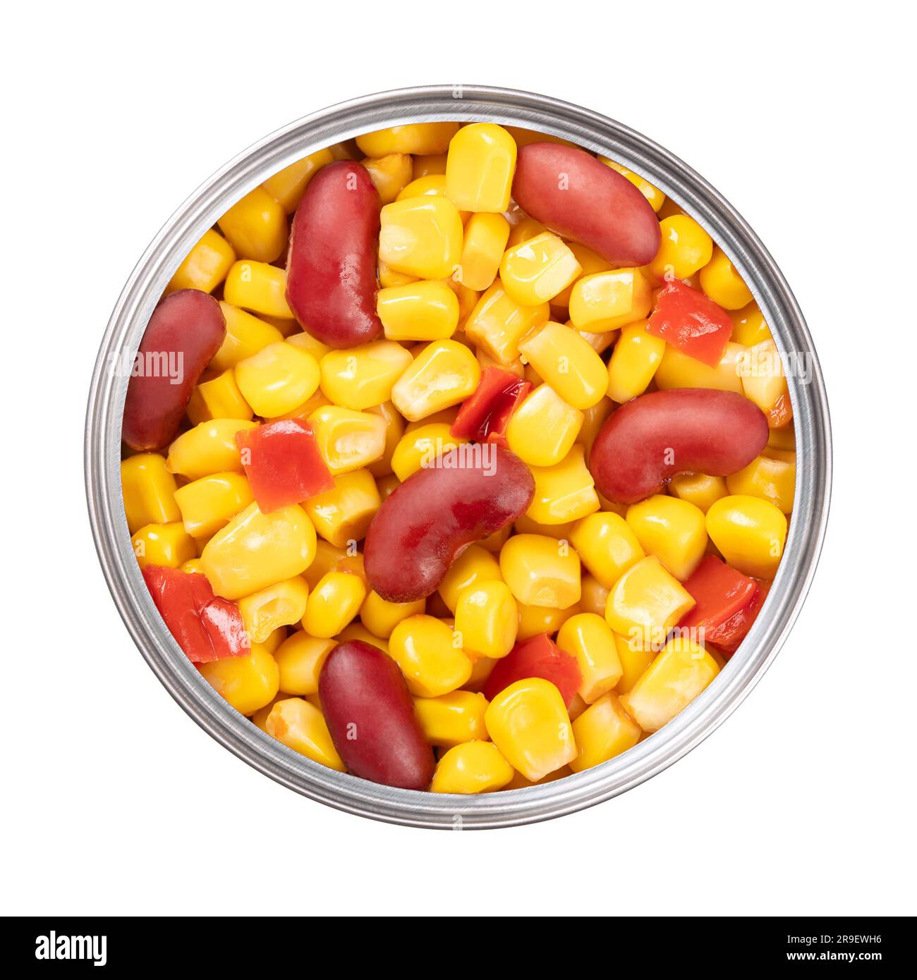 Canned Texas maize mix, corn, red kidney beans and diced bell pepper, in an open tin can. Ready to eat, as a side dish to a barbecue or picnic. Stock Photo