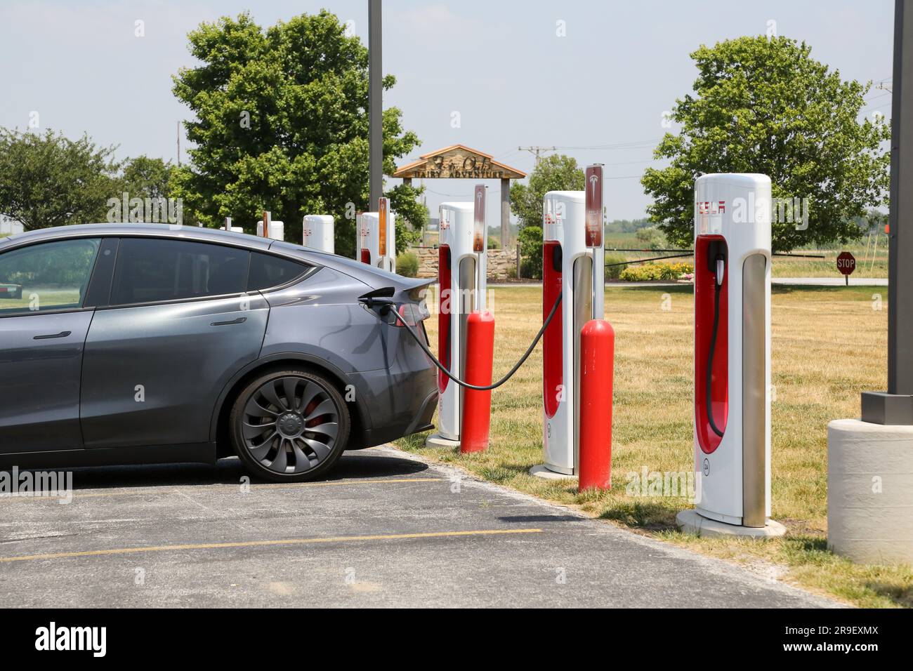 A row of Tesla Supercharging stations is located at Fair Oaks Farm, in