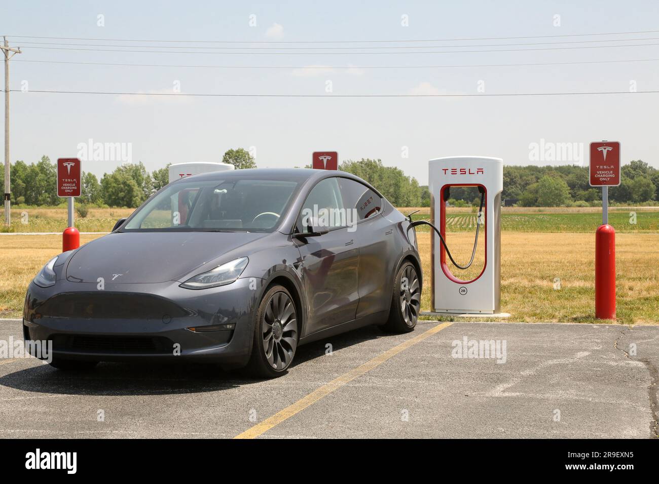 A row of Tesla Supercharging stations is located at Fair Oaks Farm, in